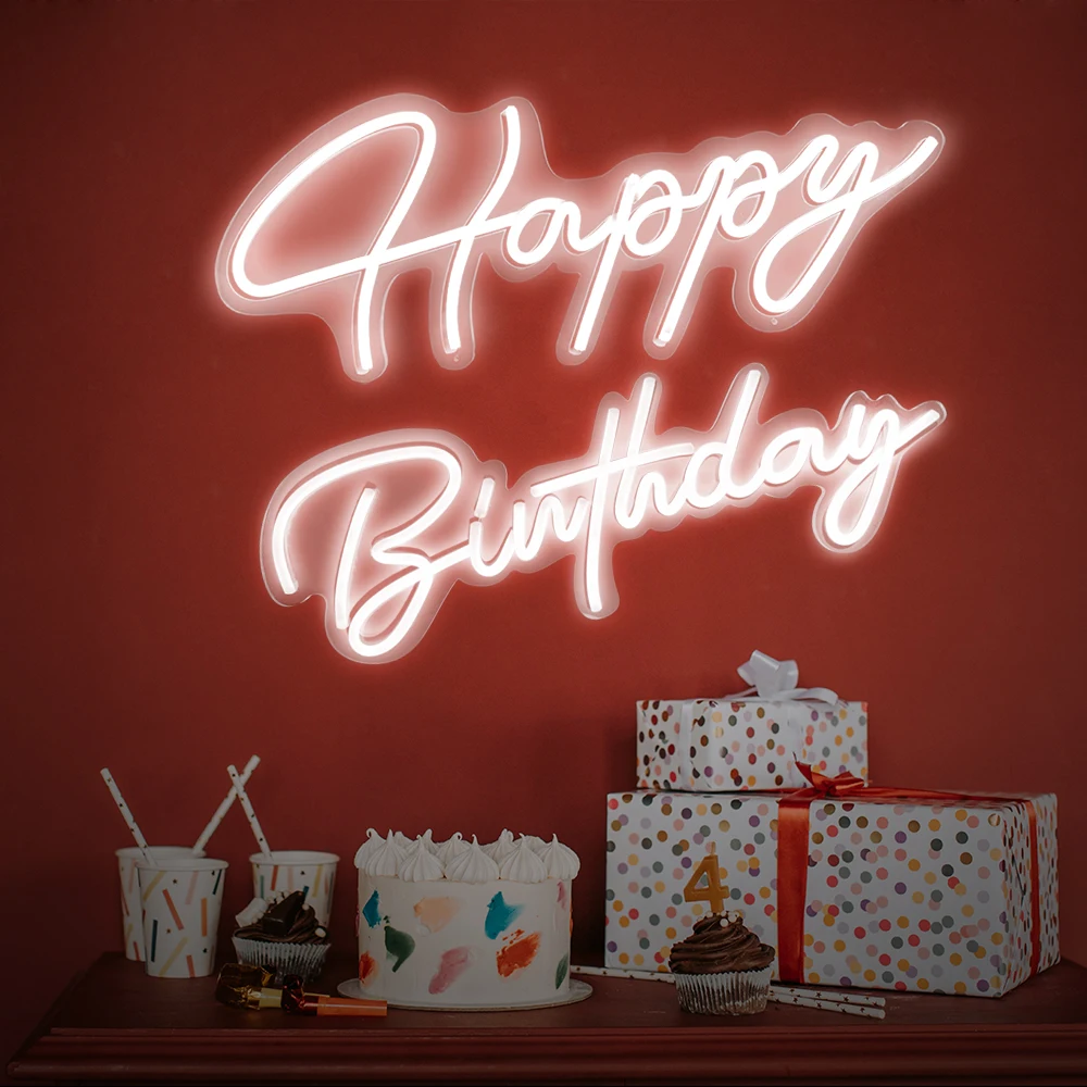 Neon Happy Birthday Light Sign 98x20cm Clear Acrylic with Silicone LED Flex Neon Wall Mount Light Up Sign for Party Decor