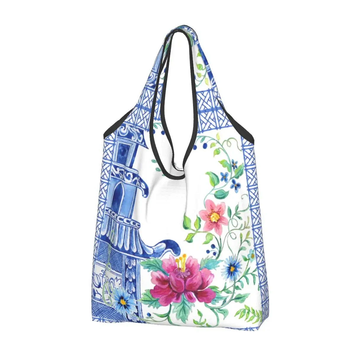 Asian Style Chinoiserie Floral Pagoda Shopping Bag Tote Bag Portable Antique Delft Willow Grocery Shopper Bags