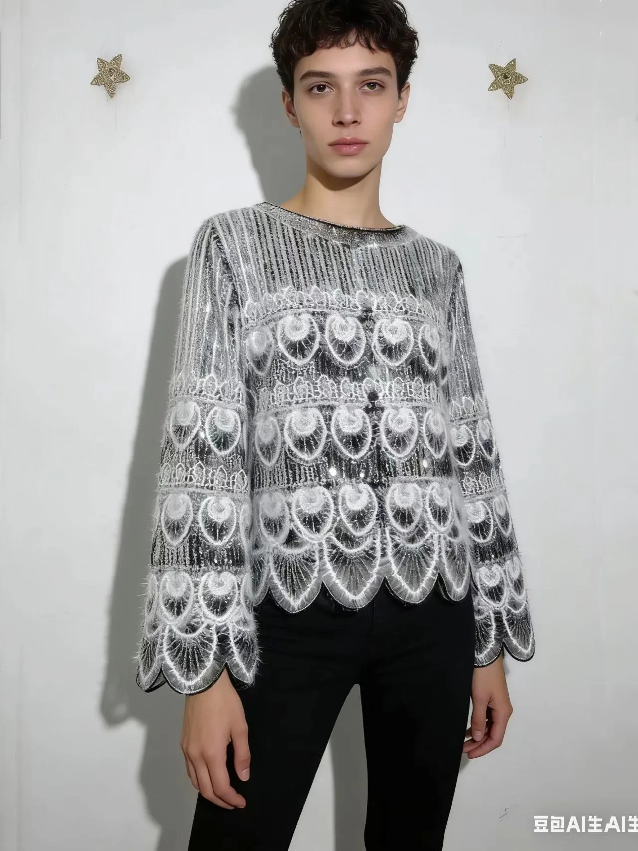 

Новая элегантная блузка с пайетками, жемчугом и кружевом, женская, с обильной вышивкой, круглым вырезом, рукавами-колокол, фестончатым краем, повседневный пуловер, топ, рубашка