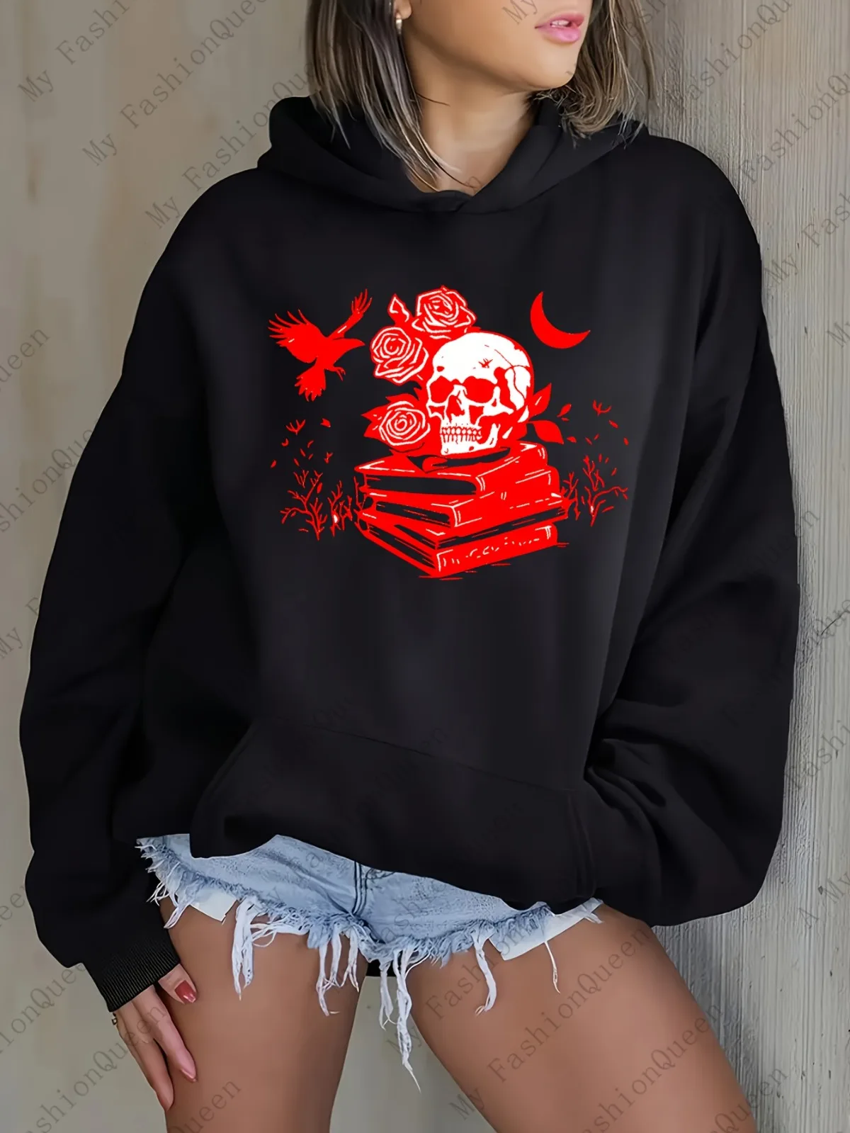 سويت شيرت نسائي كاجوال بقلنسوة من سلسلة الهالوين مطبوع بجيب الكنغر السميك مناسب للرياضة والارتداء اليومي