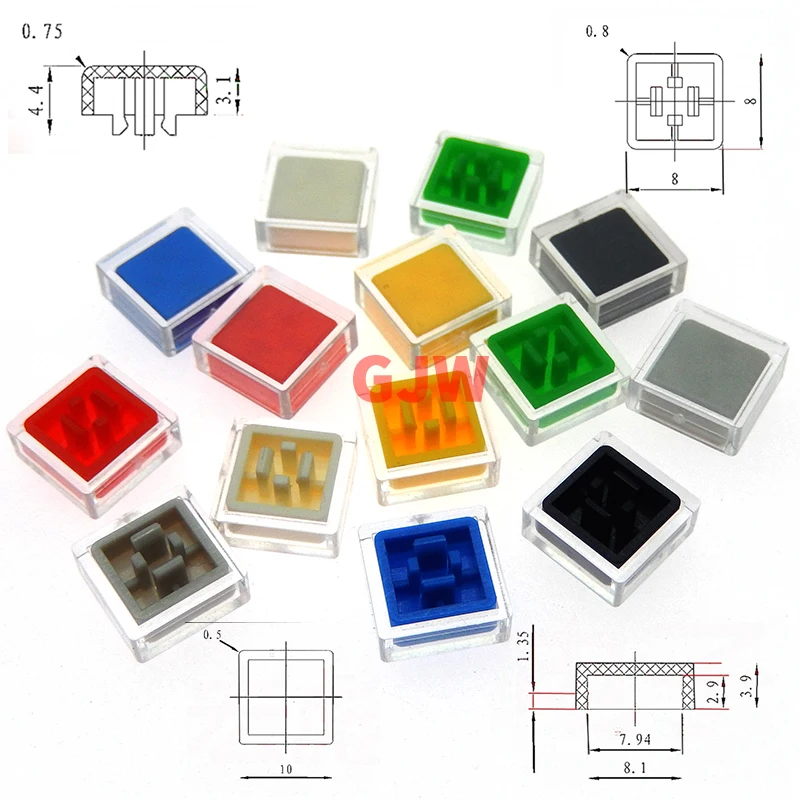 50Pcs A66  Color Square Tactile Switch Button Caps Hat For 6*6*7.3mm Square Head Cap Square Transparent ABS Set Kit