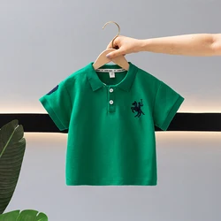 Summer Boys 2024 Casual Embroidery Horse Button Pullover Short sleeved T-shirt Polo Shirt Children's Clothing 1-7Y