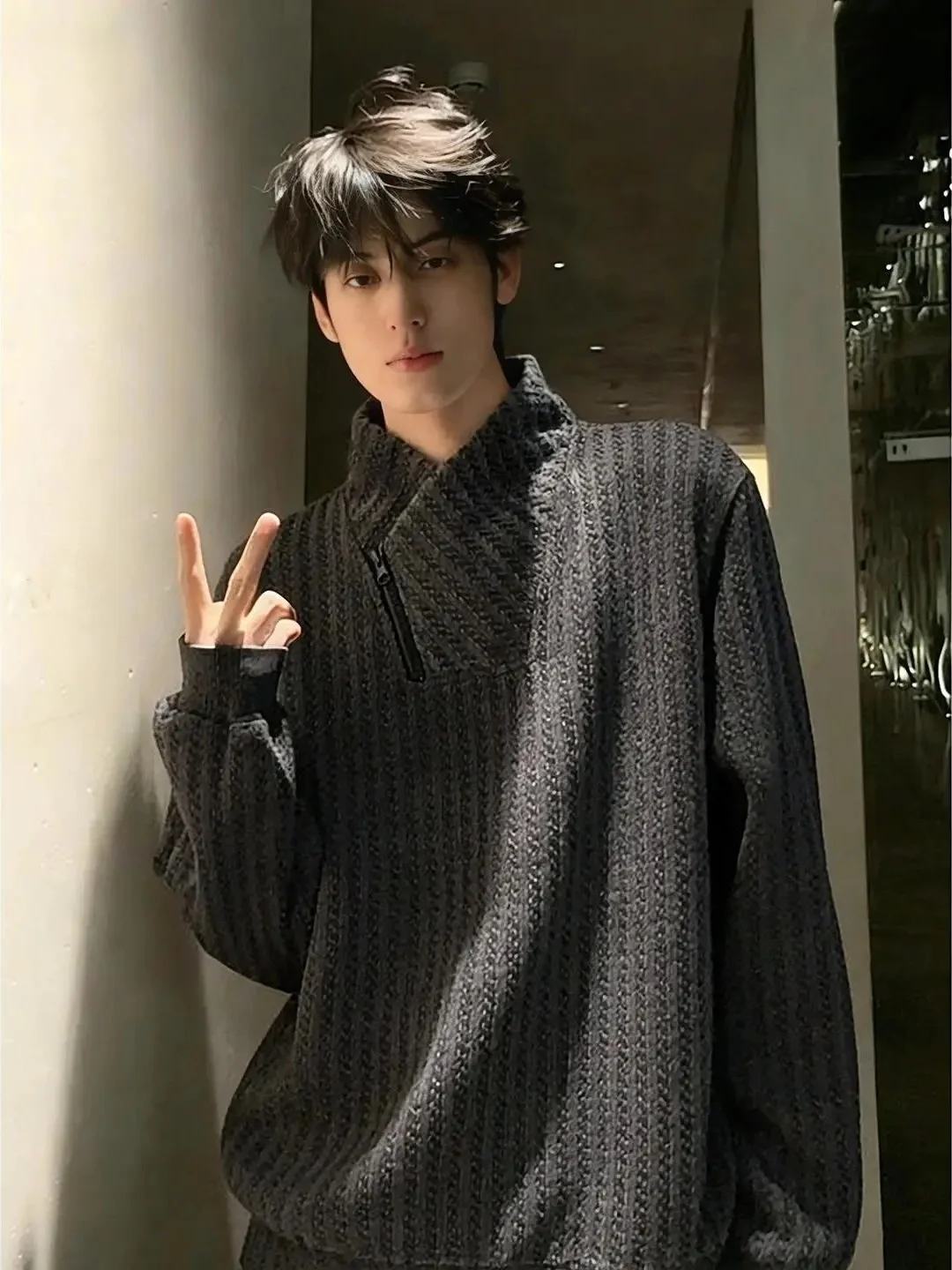 

Толстовка в американском стиле с длинными рукавами и молнией, с воротником-стойкой, мужская, весенне-осенняя, с узором «рыбья кость», повседневная футболка