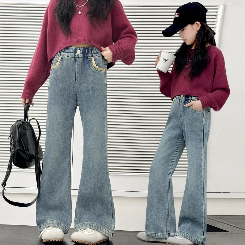 Children High Fashion Flared Jeans with Pocket Lace for Teenage Girl Street Denim Pants Kids Trendy Boot Cut Trousers 5-14Y