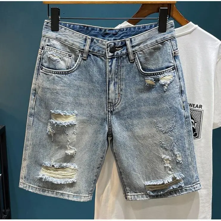 

2026 High-end Ripped Denim Shorts Men's High Street Casual Retro Designer Loose Straight Medium Streetwear Pants