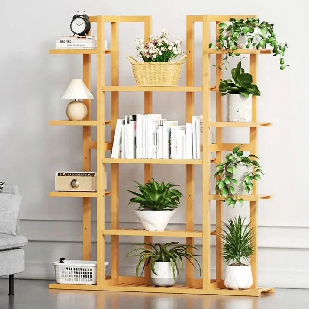 Suporte de bambu para plantas de 9 camadas, vaso de flores, prateleira de armazenamento de livros para jardim, varanda, sala de estar