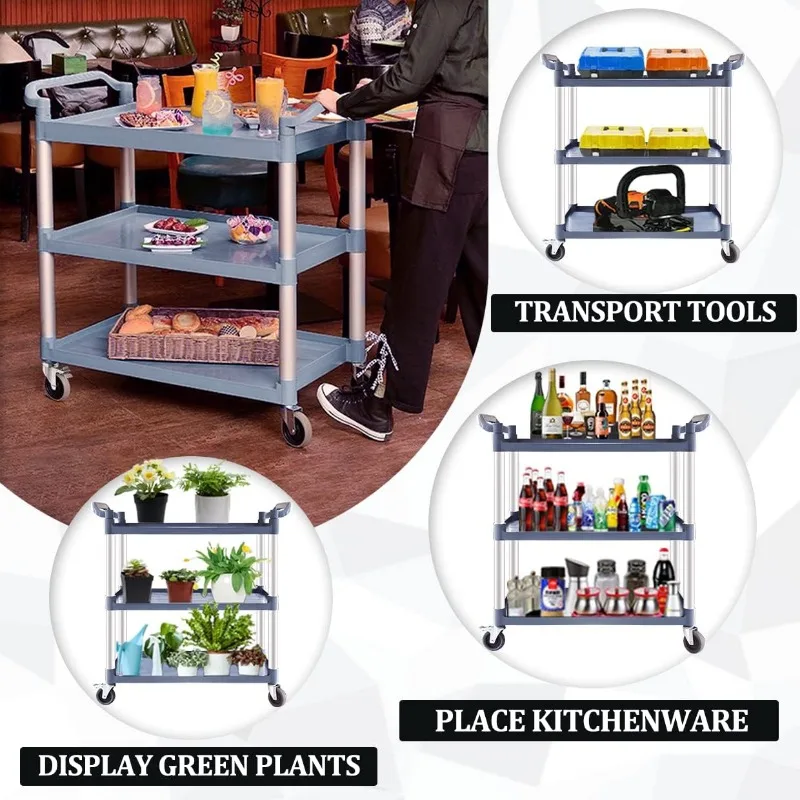 Plastic Utility Carts with Wheels, 3-Tier Large Size Restaurant Food Cart, Heavy Duty 600lbs Capacity Rolling Service Cart