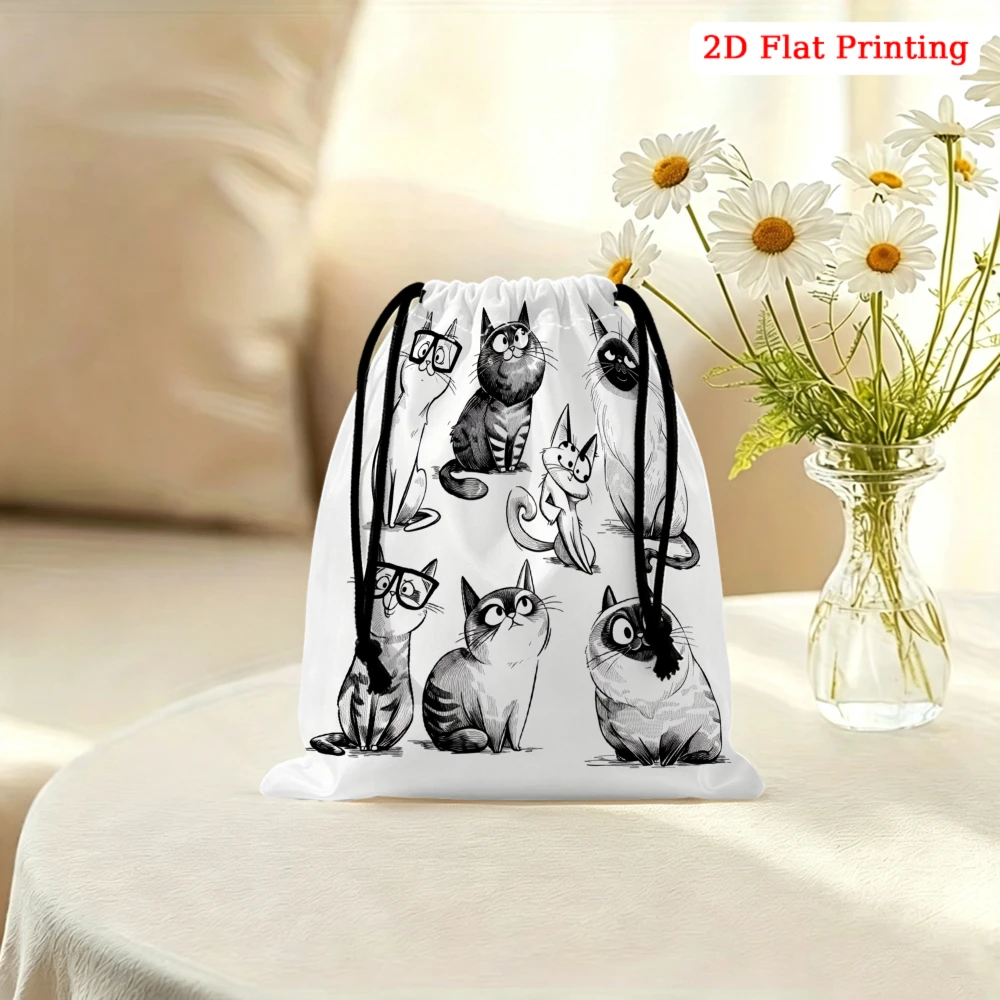 1pc Cartoon Cat Print Drawstring Bag White 2d Flat Printing Storage Small Pouch For Glasses Cosmetics Travel Organizer Portable