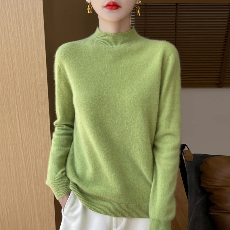 Women\'s Cashmere Knitted Sweater 100% Merino Wool Half High Collar Long Sleeve Pullover Elegant Warm and Unique Top High Quality