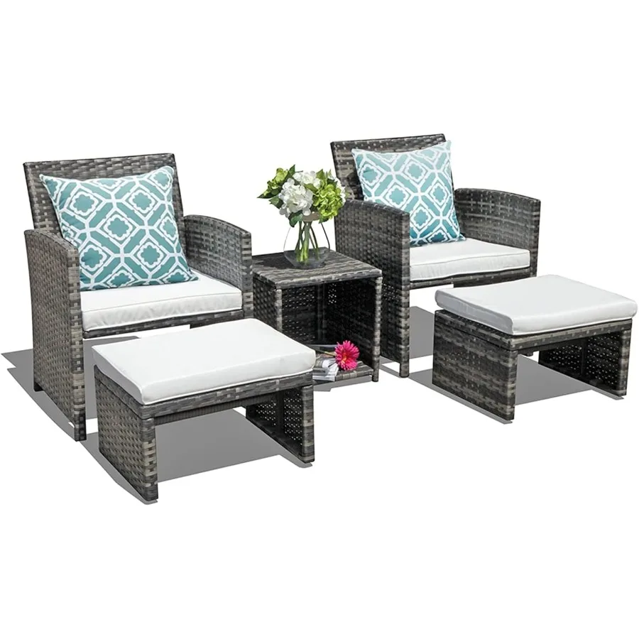 5 Piece Wicker Outdoor Patio Furniture Set with Conversation Chairs Ottoman Coffee Table and Included Pillows for Balcony Porch