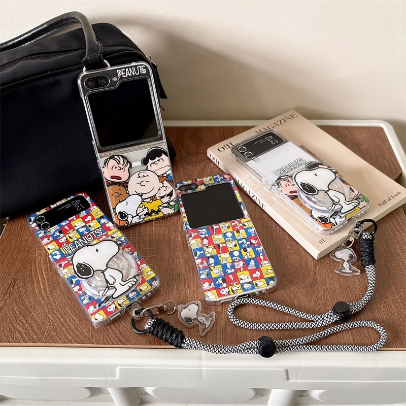 Funny Colorful Grid Pattern Charlie Brown Snoopy Magsafe Wireless Charge Phone Case For Samsung ZFlip 3 4 5 6 7 8 Magnetic Cover