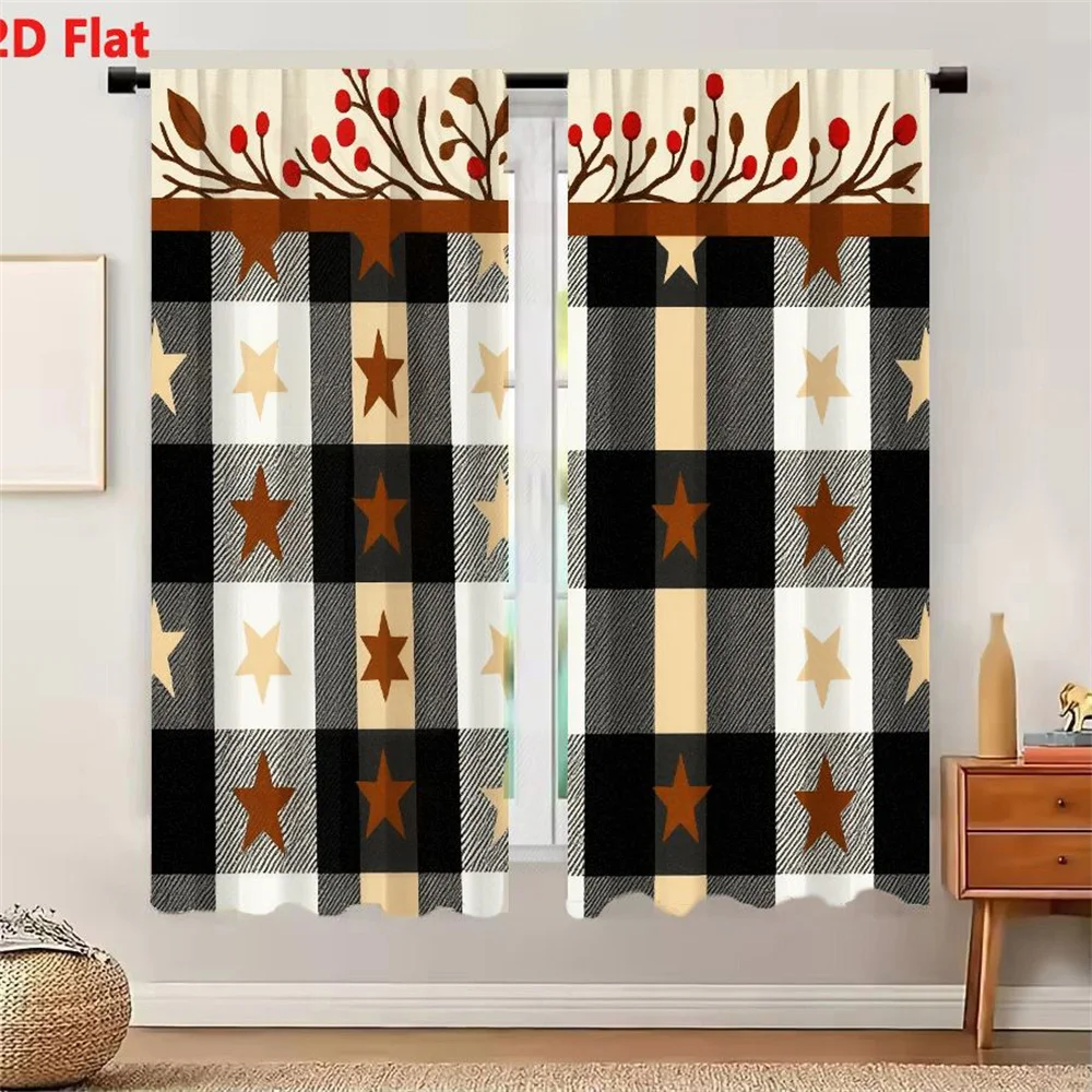 2Pcs Curtains 2D Flat Autumn Winter Festive Pattern Decorative with Brown Branches Red Berries Leaves Top Border and Black White