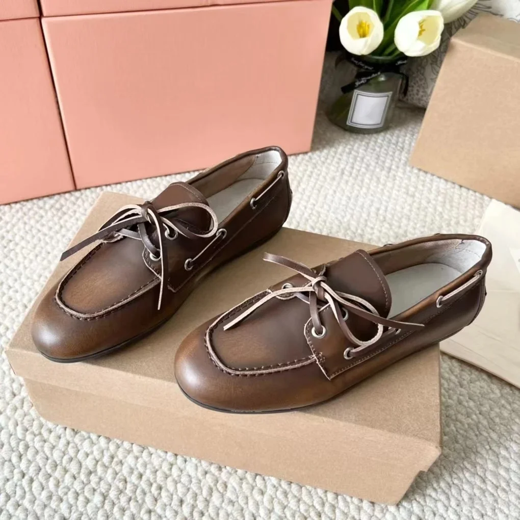 2025 FANGXITING توب الربيع الجلد المدبوغ حذاء بدون كعب مسطح امرأة الدانتيل يصل الجلود الشقق ماركة غير رسمية خارج الباب القيادة عطلة المشي #1