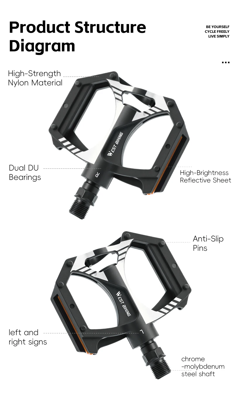 WEST BIKING Flache Fahrradpedale mit doppelten DU-Dichtungslagern, Nylon, ultraleicht, rutschfest, reflektierend, für MTB und Rennräder – Detail 13