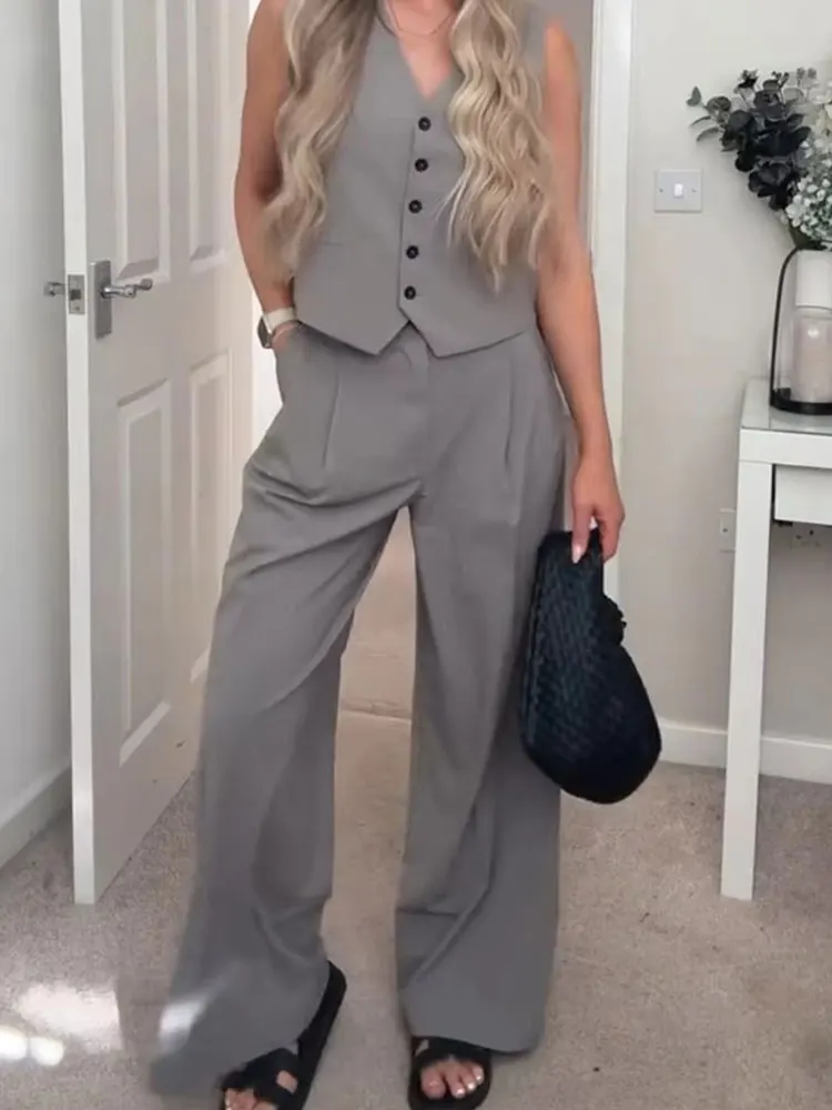 HH Women Solid Pant Sets Adjustable Back Strap Single Breasted V-Neck Vest High Waist Trousers Fashion High Street Outfit