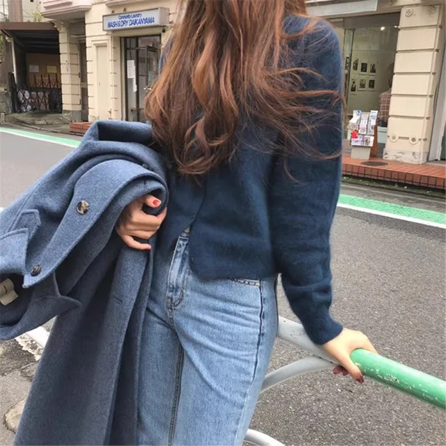 100% pure cashmere cardigan women's new autumn and winter round neck sweater loose Korean knitted sweater short coat 4