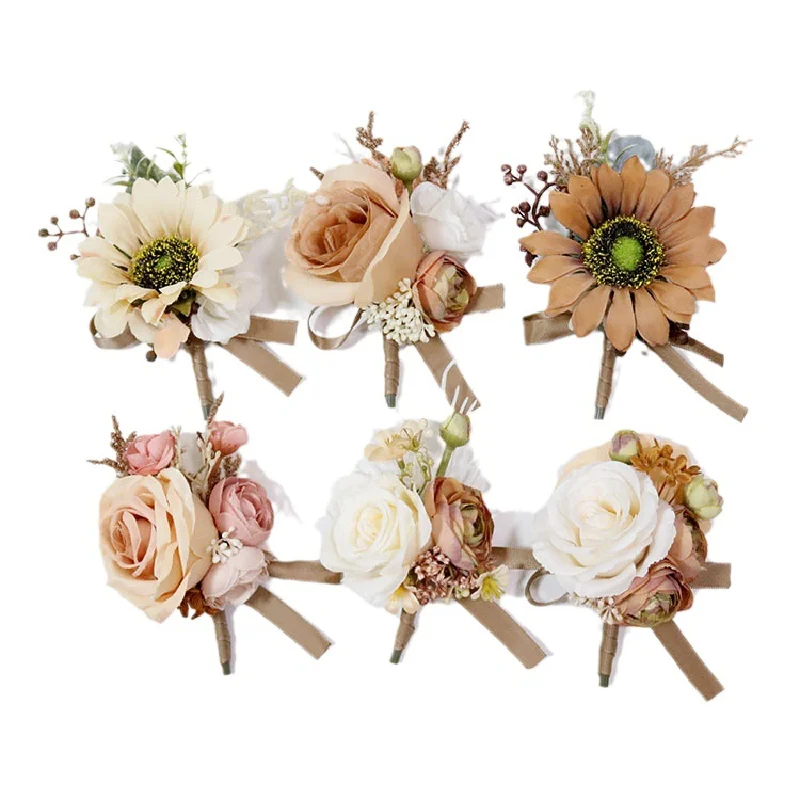 Boutonniere e pulso Corsag para convidados, flor simulada para o noivo, leite chá café, suprimentos do casamento, banquete suprimentos, 471