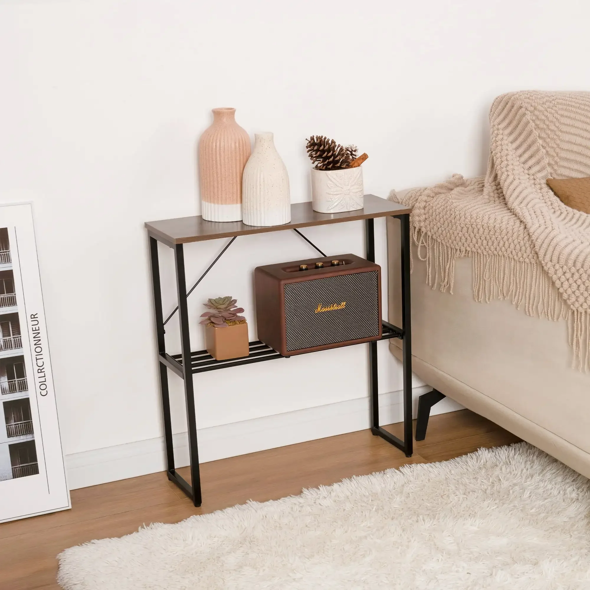 طاولة جانبية طويلة، طاولة جانبية ضيقة مع رف تخزين، بني جوزي، طاولة قهوة لطاولة جانبية لغرفة المعيشة #3