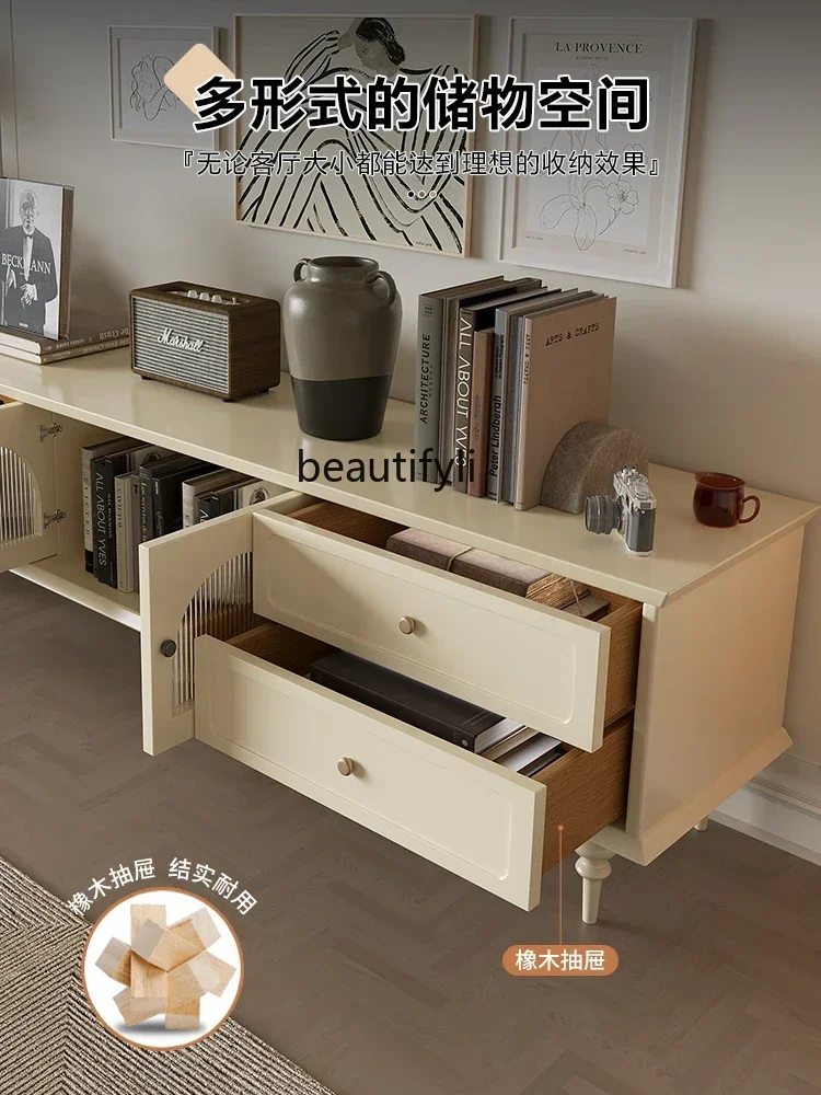 K185 French Entry Lux TV Cabinet and Tea Table Combination Modern Simple Small Apartment Living Room Solid Wood Home Paint TV