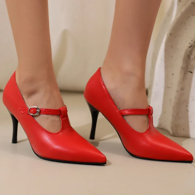 

Сексуальные женские туфли-лодочки на высоком каблуке, большой размер 48, туфли Мэри Джейн с Т-образным ремешком, черные, красные, телесные офисные свадебные туфли на каблуке для девочек