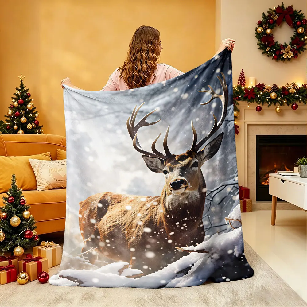 1pc Snowy Forest Reindeer Animal Print Flannel Blanket Soft Warm Throw Blanket For Sofa Couch Nap Home Decor Holiday Christma