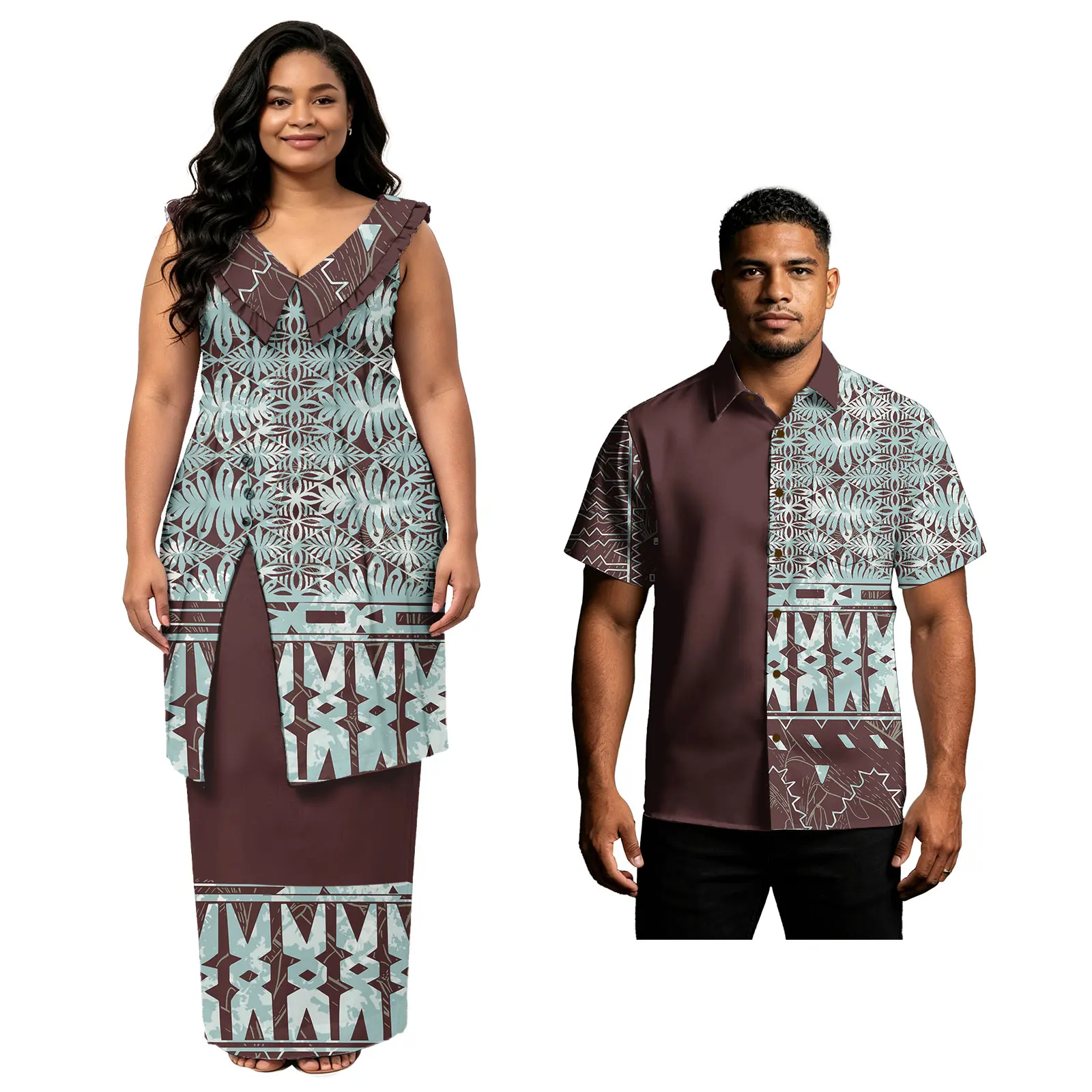 2026 Fall New Clothes Men Polynesian Tribal Aloha Shirts Petal Sleeveless Slit Design Women Samoan Puletasi Dress Couple Outfits