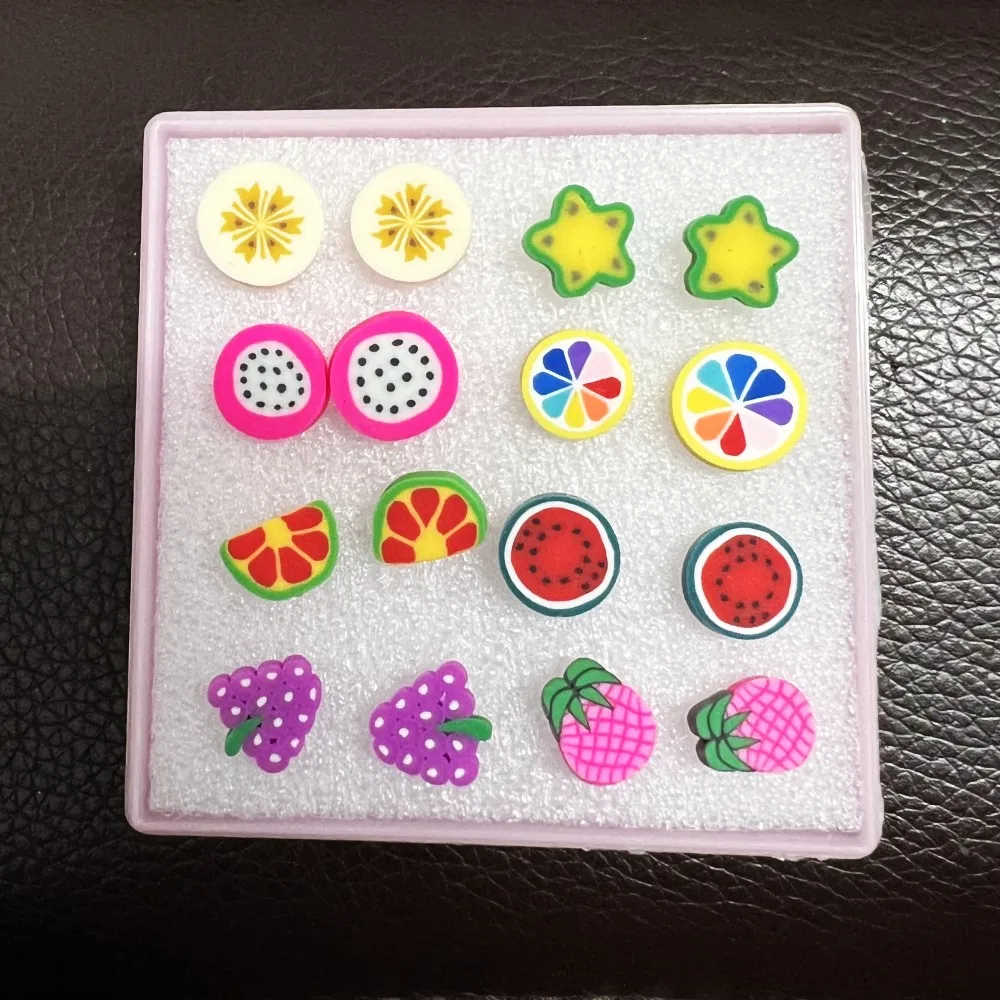 Precioso 8 pares de pendientes de frutas de arcilla polimérica Fimo de estilos mixtos, pendientes de plástico hipoalergénicos para niñas, regalos de joyería