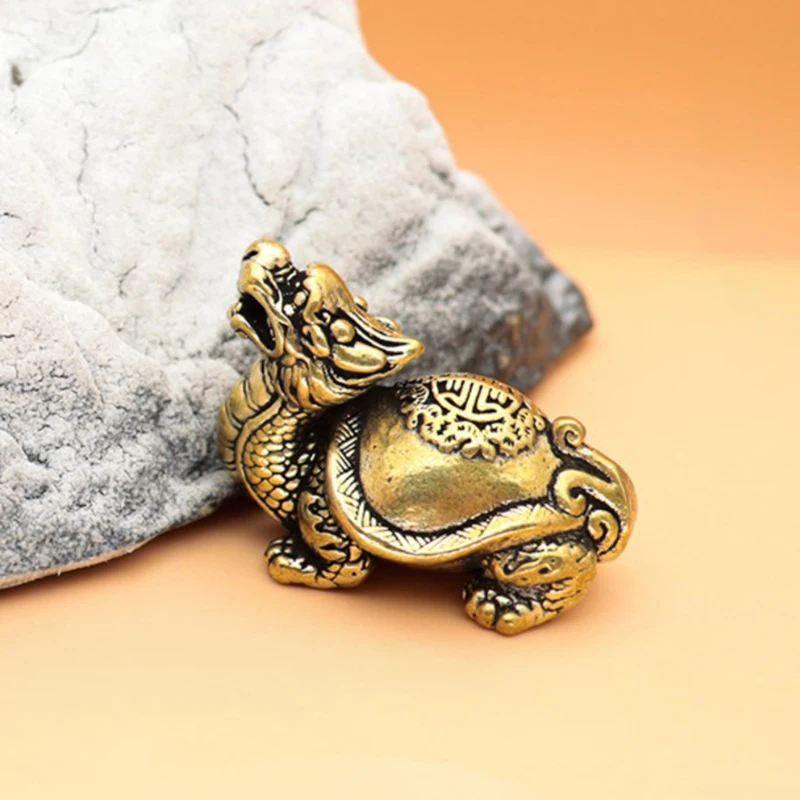 Pure Copper Chinese Dragon Turtle Lucky Desk Ornaments Vintage Brass Auspicious Animal Miniature Figurine Decorations Home Decor