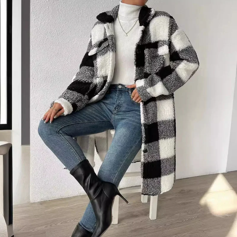 European and American Style Autumn Winter Open Button Turn-down Collar Plush Plaid Loose Fit Elegant Long Coat