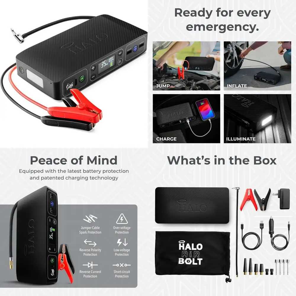 

Bolt Air 58830 Портативный автомобильный аккумуляторный стартер | Воздушный компрессор 100 фунтов на квадратный дюйм, внешний аккумулятор USB емкостью 58,8 Втч, аварийный прожектор и зарядное устройство