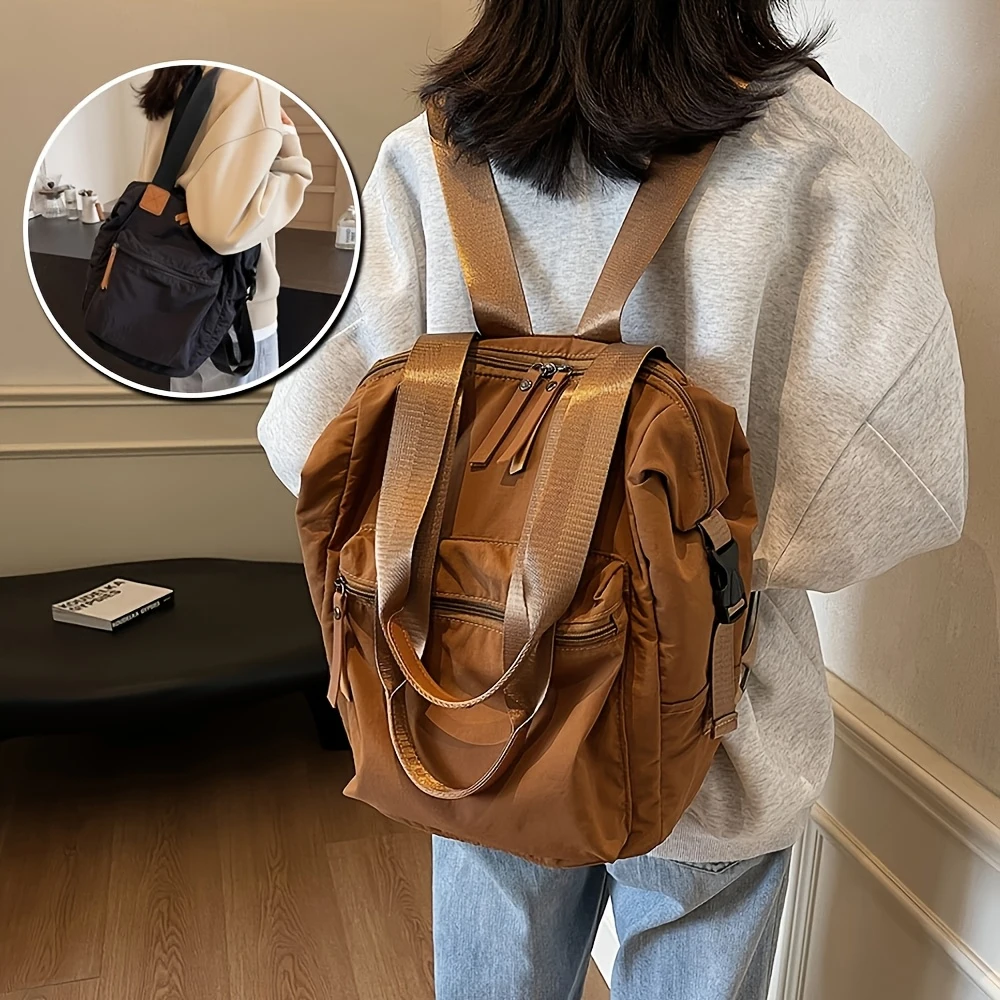 

Washed Nylon Multi-pocket Convertible Backpack, Lightweight Multi-way Shoulder Bag for Daily Commute & Outings