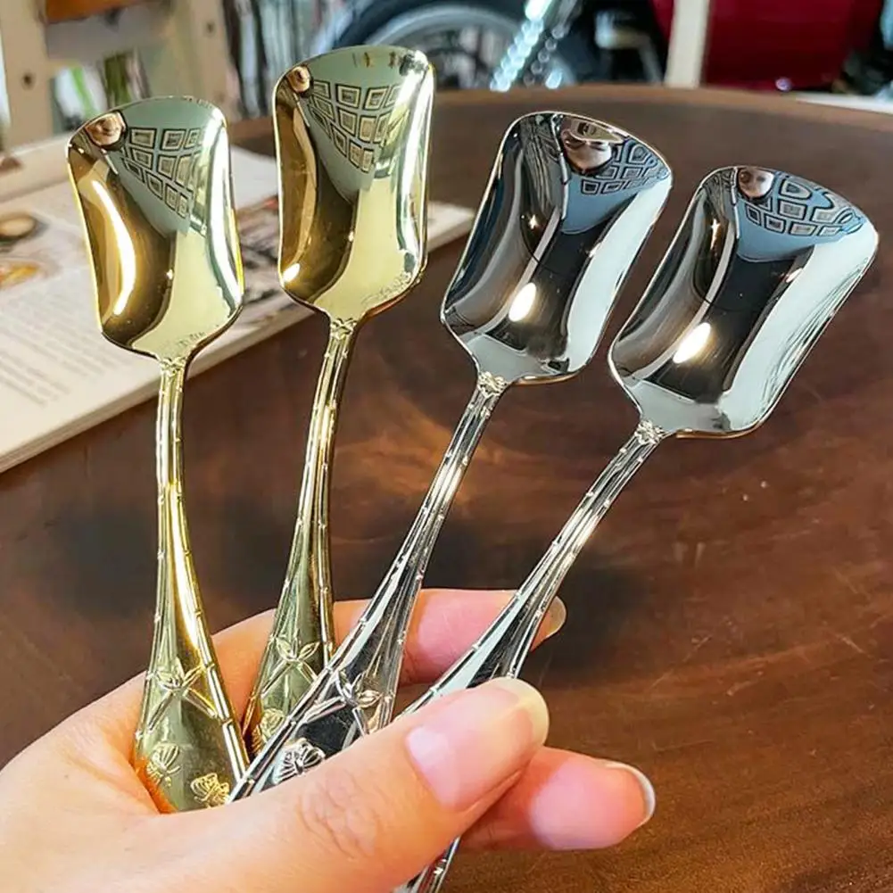 4Pcs Ice Cream Spoon Stainless Steel Iron Shovel Spoon Coffee Teaspoon Shovel Retro Cute Square Head Spoon Kitchen Gadget 2025