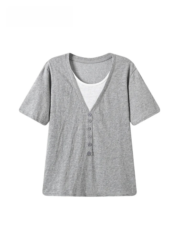 

plus Size Short Sleeve T-Shirt Women's Casual Style Summer New plus Size Sister Fake Two-Piece Slimming Shoulder Top Trendy