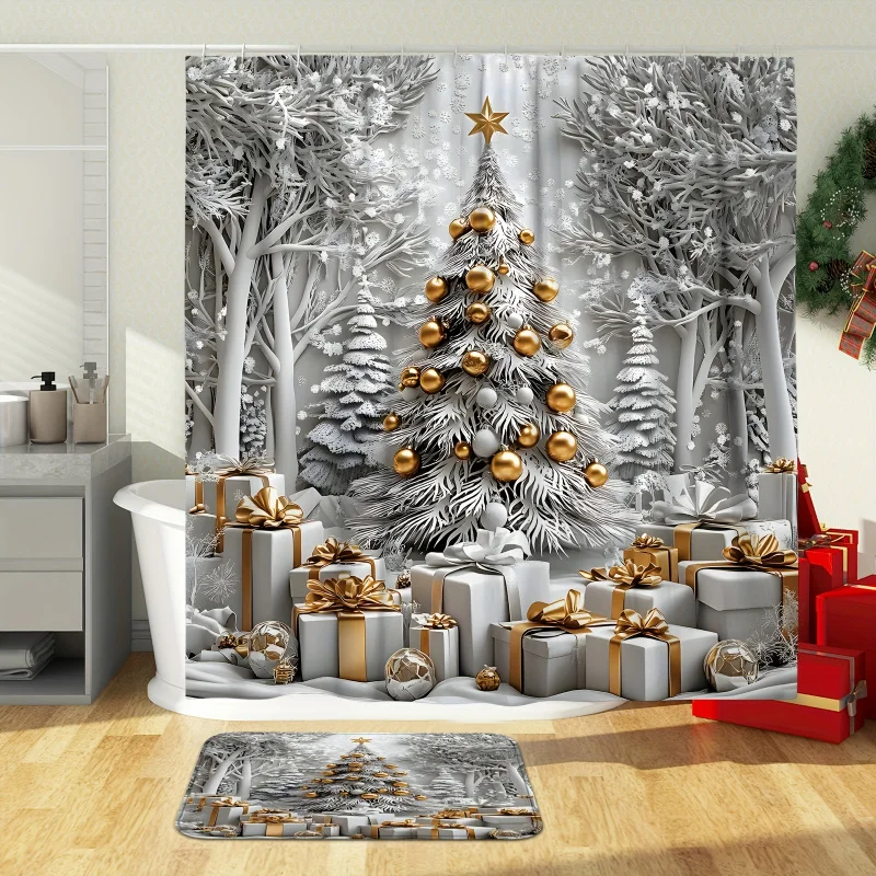 1/4pcs Winter Set: Tree & Christmas Ball Design, Silver & Golden Polyester Washable Shower Curtain with