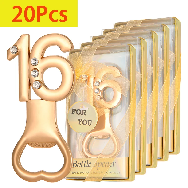 20Pcs Digital 16 Design Gold Wine Bottle Opener Metal 16th Beer Openers Wedding Anniversary Gift Birthday Party Supplies