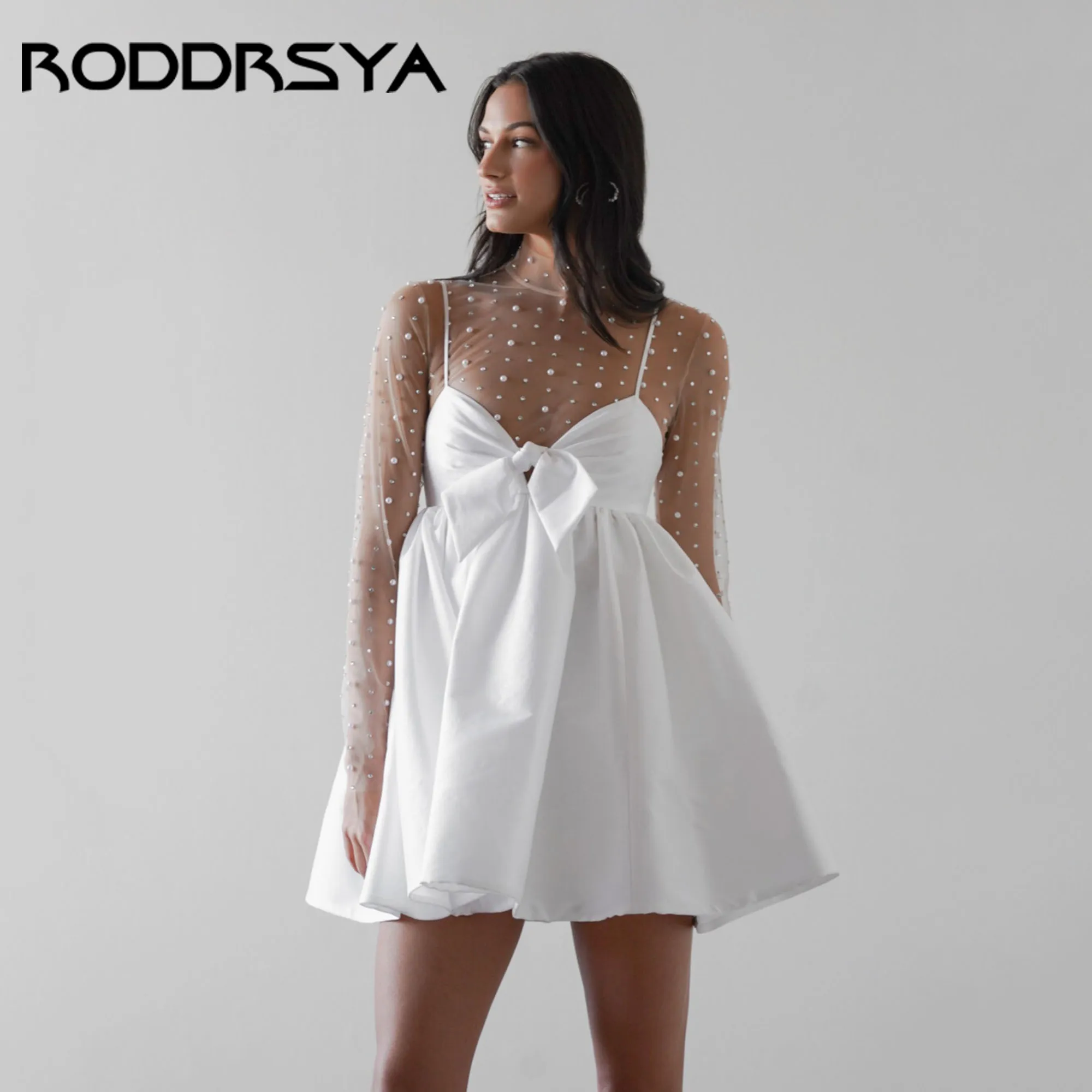 

RODDRSYA Short Bridal Party Dress A-Line Long Sleeve Satin Pearls Wedding Gowns High Neck Illusion vestidos de novia Customized