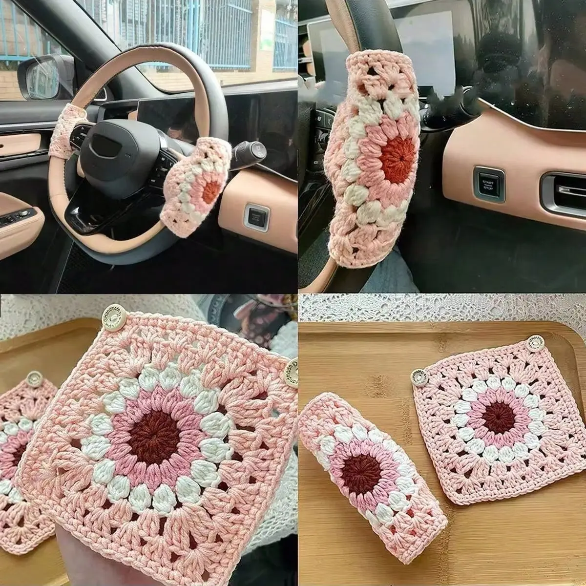 2Pc Hand Woven Car Steering Wheel Cover, Finished Woven Steering Wheel Cover, Cute Sunflower Pattern Woven Steering Wheel Cover,