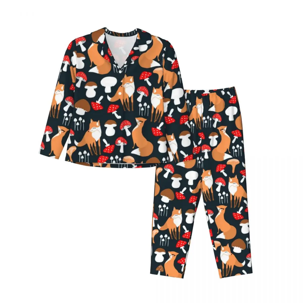 Cute Fox And Mushrooms Pajama Set Autumn Animal Print Warm Night Sleepwear Female Two Piece Loose Oversized Nightwear Gift