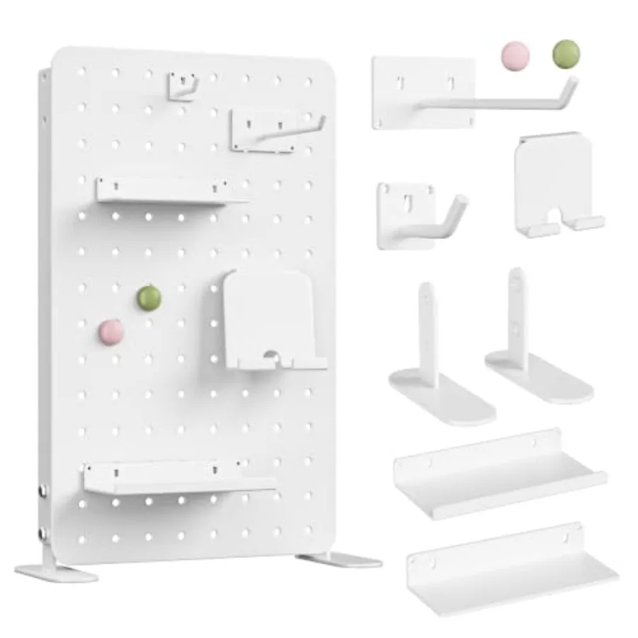 White Metal Desk Pegboard, 1 Pack Standing Organizer with Hooks Freestanding 8.67 x 14.17 in panel with stands, hooks, shelves,