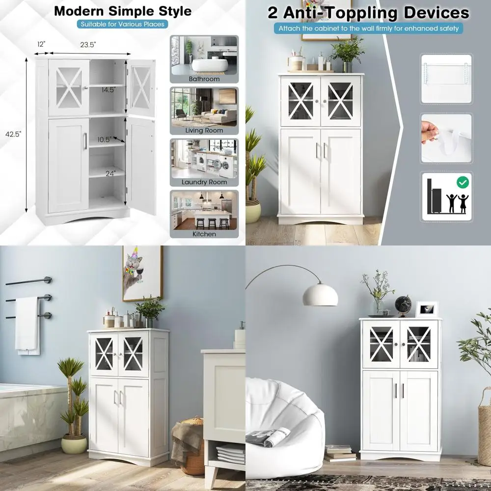 

White Freestanding 4-Door Storage Cabinet with 3 Adjustable Shelves for Bathroom, Living Room, Kitchen, and Office