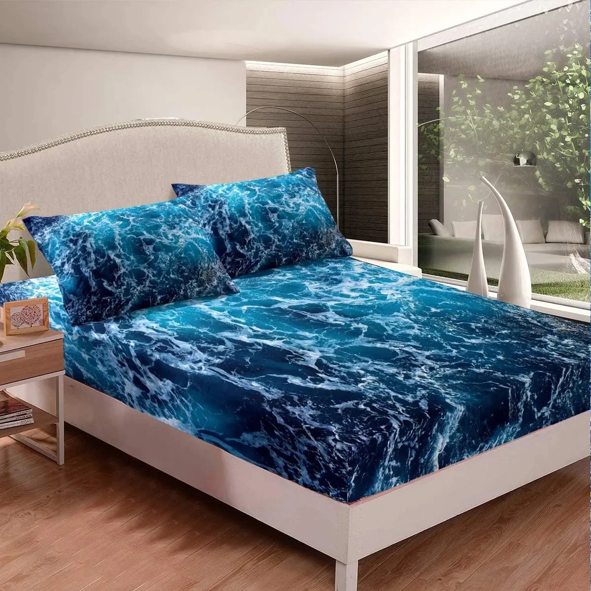 Blue Waves Fitted Sheet Ocean Sheet Set Summer Theme Print Bedding Set for Girls Teens Room Decor Luxury Deep Pocket Bed Sheets