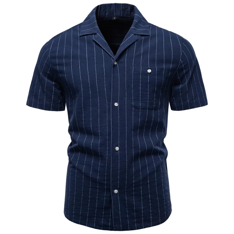 

Men's Cuban Collar Vertical Striped Shirt Short Sleeve Cotton Casual Business Summer Top