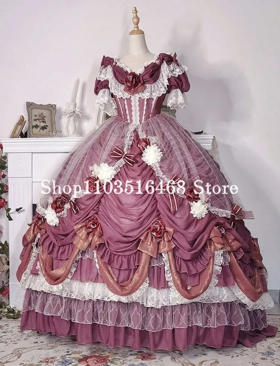 Rose Pink Fantasy Lolita Prom Dress 2024 For Women Corseted Romantic Floral Tie Appliqué Embroidered Pleated Poncho فساتين سهرة