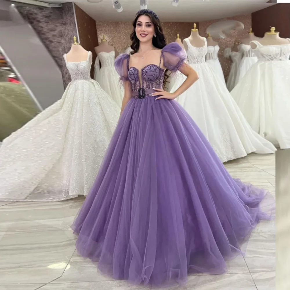 Simple Purple Tulle Short Sleeves Evening Dress 2024 Formal Occassion Dresses Vestidos De Fiesta Sweetheart Belt Party Prom Gown