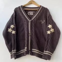 Stars Embroidery Cardigan WomenDark Brown V-neck Knitted Cardigans Female Autumn Winter Long Sleeve Sweaters Vintage Soft Tops