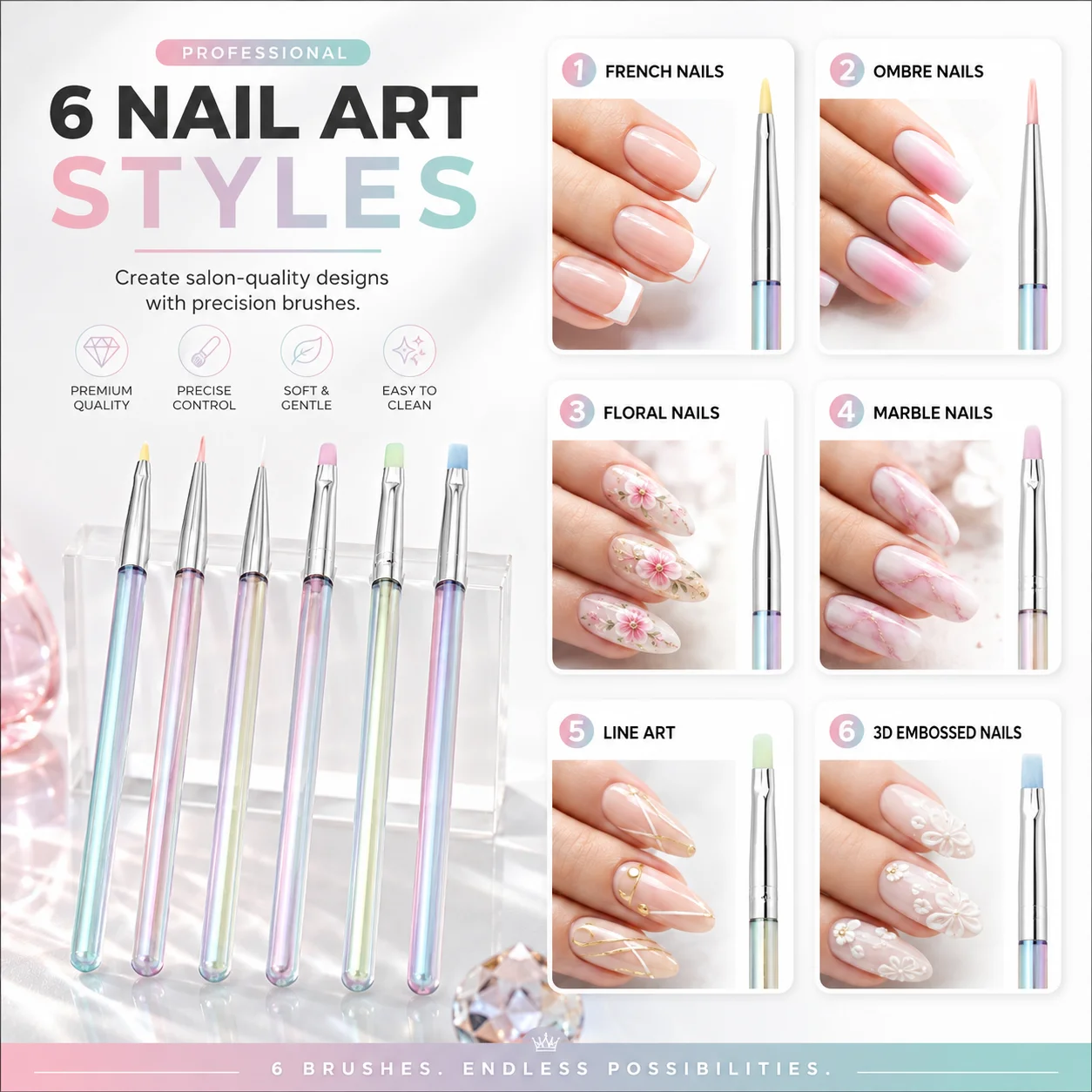 6Pcs UV Gel Acrylic Nail Brush Set, Nail Tips Extension Nail Brushes 3D Carving Manicure Salon Tools