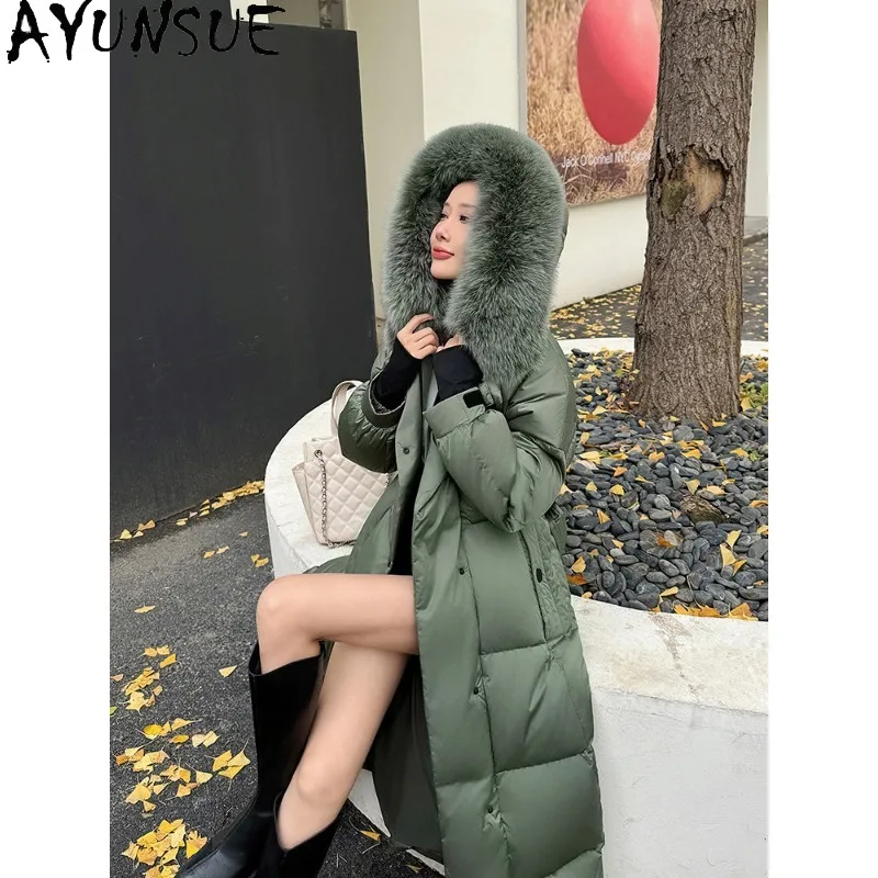 AYUNSUE 95% White Goose Down Coat Women Winter Parka Warm Fox Fur Collar Fashion Womens Coats Hoodie Long 124cm Abrigos Mujer