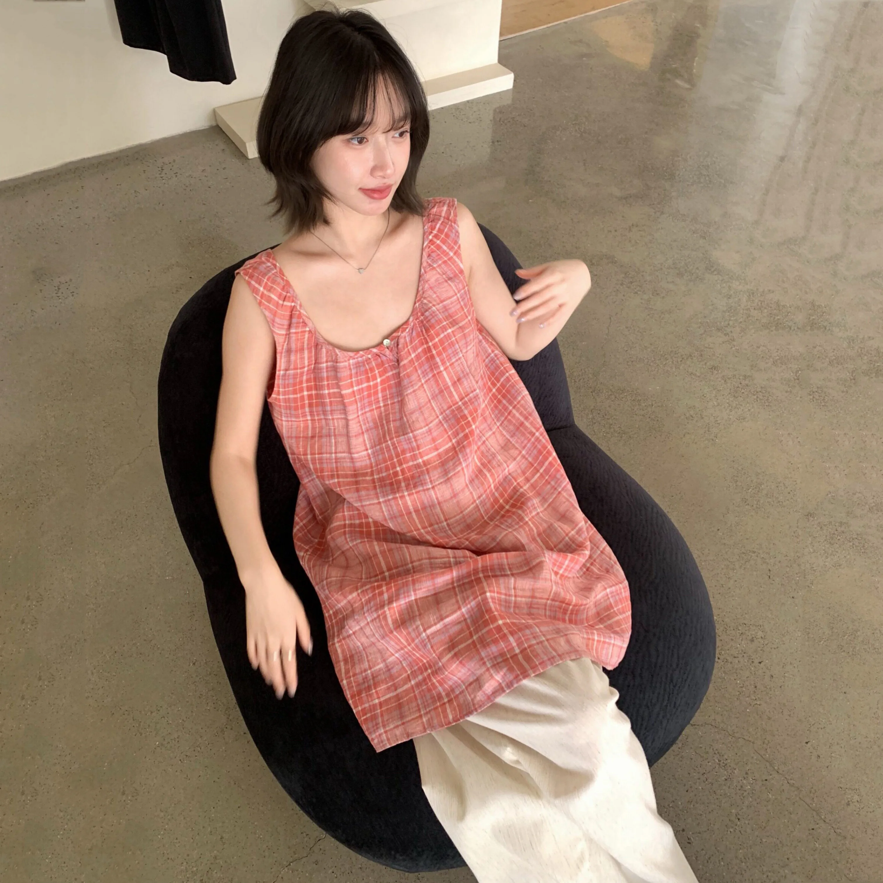 Korean Style Sweet Plaid V-Neck Vest Short Skirt Slimming Design Sense Dress Layering Versatile Commute High Waist Summer Casual