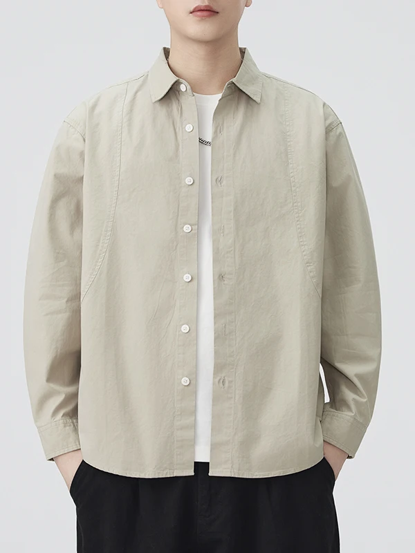 

High-End Pure Cotton White Casual irt Men's Trendy Brand Japanese Sle Splice Spring Autumn Outerwear Haome Turn-down C...