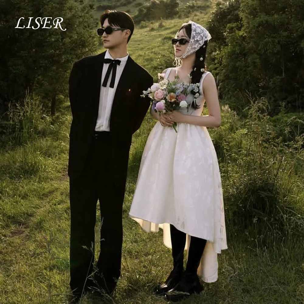 Liser ساحة طوق ألف خط بسيط كوريا فساتين الزفاف الحرير الساتان طويل أنيق زي العرائس صورة تبادل لاطلاق النار Malam dersress مخصص